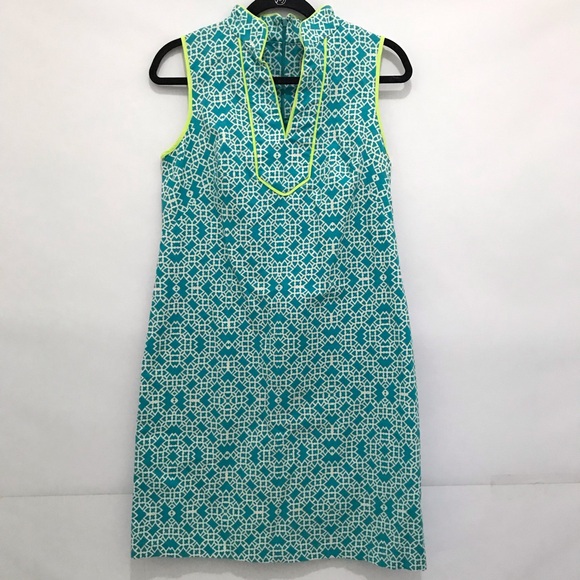 Eliza J Dresses & Skirts - Eliza J. Women's Blue/White Printed Lime Green Trim Shift Zipper Dress Size 8